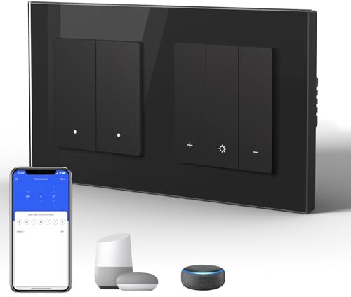BSEED Interruptor Inteligente WIFI con Vidrio,Basculante Con Pilotitos LED,Requiere Cable Neutro,E-Series,2 Gang 1 Vía + WiFi Dimmer Interruptor,157mm Negro
