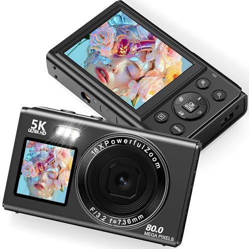 Digitalkamera 5K 80MP Kamera Fotokamera mit 2,4 LCD & 1,5 Selfie Display für Selfie, 18X Zoom, 32GB TF Karte, Vlogging Digital Camera Kompak Fotokamera für Jugendliche Anfänger & Erwachsene Schwarz