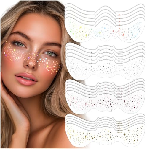 Glitter Face Freckles Tattoo, 20 Pcs Temporary Face Tattoo Gold Sparkle Faux Freckles Makeup Patches Waterproof Glitter Stickers Long Lasting Tattoos Stickers for Women Kids
