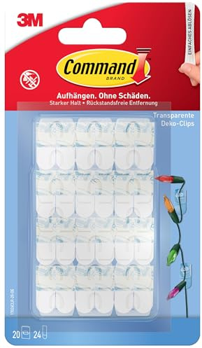 Command Dekorations-clips mit Klebestreifen, Transparent, 20 Clips und 24 Strips - Für Dekoration und Lichterkette ohne Löcher und Bohren