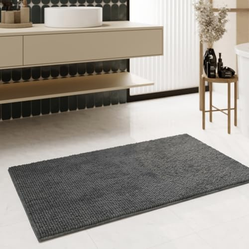 Wecon Home Balu getufteter Badteppich, 80 x 150 cm, grau anthrazit | moderner Chenille Badteppich, rutschfest, Waschbar, Saugfähig, Stilvoll für jedes Badezimmer