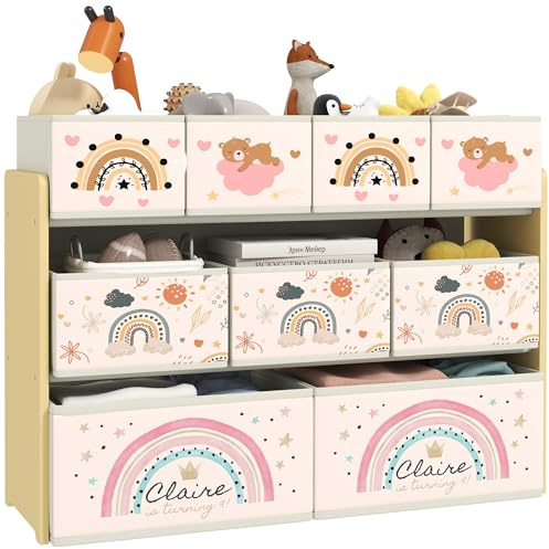 AIYAPLAY Étagère de Rangement Enfant pour Jouets et Livres, étagère à 3 Niveaux avec 9 boîtes en Tissu Non tissé, bibliothèque Enfant pour Chambre, Salon, Salle de Jeu, 93 x 30 x 70 cm, Jaune