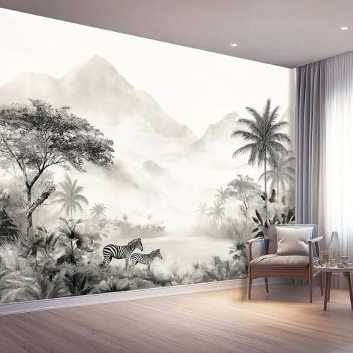 Photo Wallpaper Retro 250 x 175 cm, Wall Mural Deco Premium Non-Woven Art Print Wallpaper for Living Room Home Decoration Bedroom Kitchen Wall Paper, Gray Zebra Palm Trees