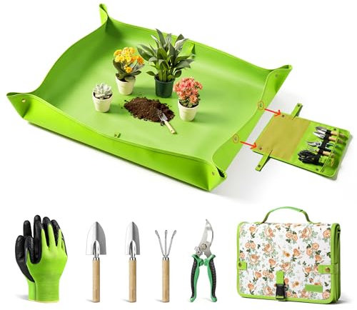 Grenebo Gartengeräte-Set, 7-teiliges Handwerkzeug-Set mit Pflanzmatte und Werkzeugtasche, Edelstahl-Gartengeräte zum Umpflanzen von Sukkulenten und Bonsai-Pflanzen