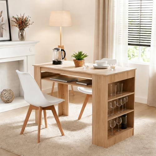 EGGREE Esstisch mit 2 Stühlen Essgruppe, Bartisch Set, Schreibtisch mit AC-Steckdosen und USB-Anschlüssen, 111cm Küchentisch mit 4 Ablagen für Wohnzimmer, Küche(Eichentisch+2 Weiß Stühle)