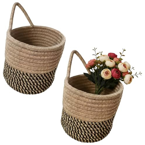 2 piezas de cestas colgantes de cuerda de algodón - Cestas de pared de cuerda de algodón con asa y gancho para accesorios 15 x 16 cm, cestas de almacenamiento para colgar para cocina, baño, dormitorio