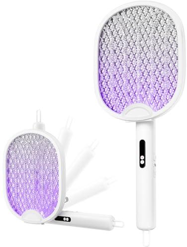 WOCVRYY Raquette Electrique Insectes 4000V 1800mAh Rechargeab Pliable Blanc | Mode Automatique Protection 5 Couches Portable Léger Facile à Nettoyer Sans Danger pour les Enfants et les Animaux