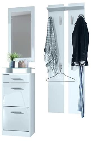 Vladon Garderobenset Garderobe Loret V2 Mini, Korpus in Weiß matt/Front in Weiß Hochglanz