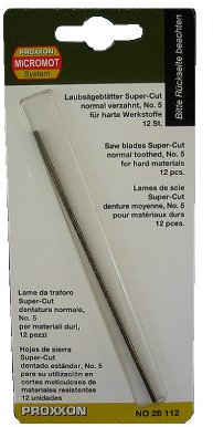 PROXXON 28112 Spuer Cut Feinschnitt Sägeblätter OHNE Querstift normal verzahnt, 12 Stück Laubsägeblätter für harte Werkstoffe wie Eisen, Pertinax