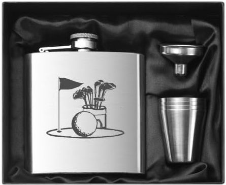 Golf 7oZ Hip Flask with 4 Cups HF201 can be Personalised Engraved in Silk Lined Gift Box