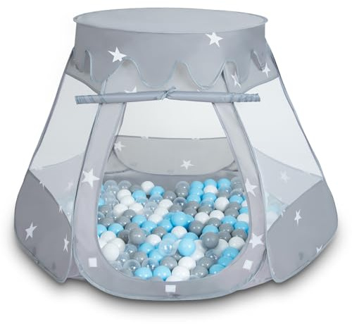 Selonis Baby Spielzelt Mit Plastikbällen Zelt 105X90cm/200 Bälle Plastikkugel Kinder, Grau:Grau-Weiß-Transparent-Babyblau