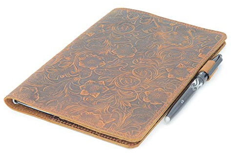 JJNUSA Kompatibel mit Rocketbook Cover Smart Business Handmade Distressed Echtleder Notebook Cover für Everlast, Fusion, Wave Moleskin A4, 27,9 x 21,6 cm Blume