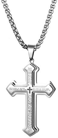 Flongo Herren-Kette Rosenkranz Männer Anhänger Kreuz Halskette aus Edelstahl Schwarz Silber Gold Blau Englische Bibel Jahrgang Poliert Herren-Accessoires
