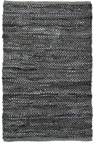 Bravich Grey Leather Chindi Rug Handmade Area Rag Rug 100% Recycled Leather Cotton Floor Mat Hand Woven Traditional Indian 60x90cm (2'x3')