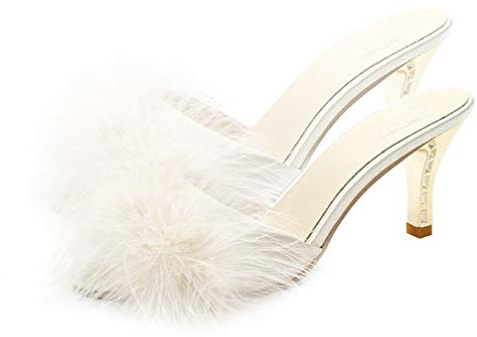 Weiß Damen Faux Pelz Kätzchen Ferse Sommer Sandalen Maultiere Slip auf Offene Spitze Backless Kleid Niedrigen Absätzen Slipper Rutschen Fuzzy Hausschuhe Sandale
