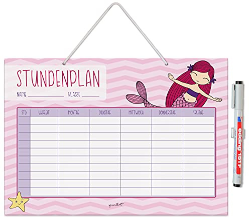 younikat Stundenplan abwischbar zum Aufhängen Meerjungfrau - DIN A4 - dv974 | Wiederbeschreibbar, Digitaldruck, Whiteboard-Oberfläche, mit Aufhängung, zum Schulanfang, Einschulung, inkl. Stift
