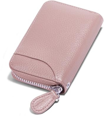 Womens Credit Card Holder Small RFID Blocking Ladies Wallet with Stainless Steel Zipper Excellent Genuine Leather Accordion Wallets Case for Women ID Compact Slim Blocked Zip Accordian Cards Pink