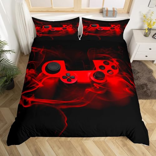 Gamer Bettwäsche-Sets für Jungen, Spieldecke für Kinderzimmer, Spieldecke, 2-teilig mit Reißverschluss, S, Rot Schwarz
