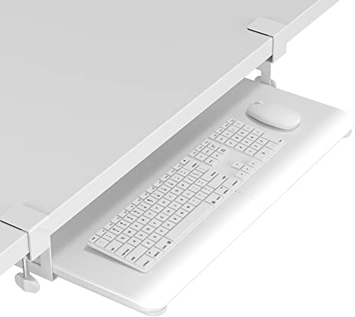 BONTEC Tastaturablage, Unter dem Schreibtisch Ausziehbar mit C Klemme Groß Format, Standfest Schiebbarer Tastaturständer, 650(760mm einschließlich Klemmen) x300 mm, weiß