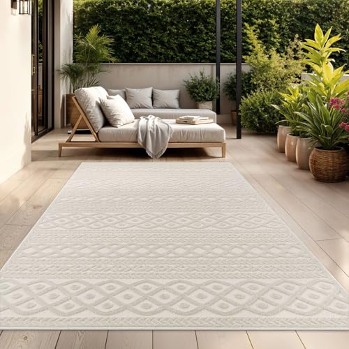 TT Home Outdoor Läufer 60x100 cm Creme, Wetterfest & Robust modernes Boho Skandi Design mit 3D-Optik, für Terrasse & Wohnzimmer