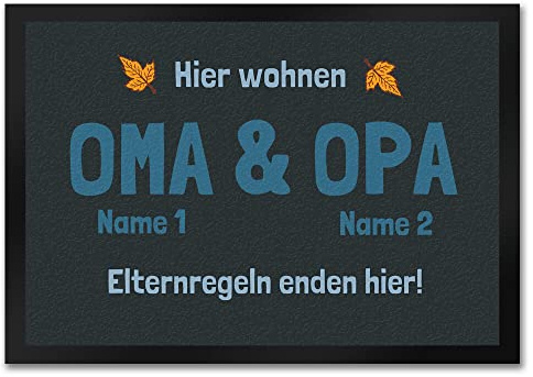 Hier wohnen Oma und Opa Elternregeln enden hier Fußmatte - personalisiert mit den Namen der Großeltern - als Herbstdeko bei Omi und Opi um den Hausflur mit Fußabtreter zu dekorieren Großeltern Herbst