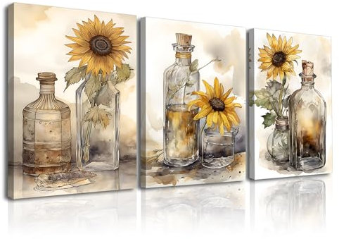 PIY PAINTING Quadro Fiori Set da 3 Quadro su Tela, Girasoli Stampati su Tela, Quadri Moderni Murale Tela Quadri per Cucina Camera da Letto Ufficio 30x40cm, con Telaio in Legno Incorporato