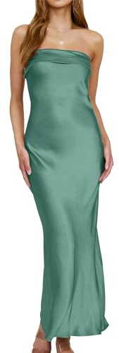 xxxiticat Abito da donna in raso, senza spalline, senza spalline, per gli ospiti del matrimonio, verde, L