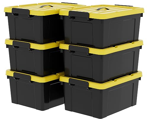 Cetomo 35 L x 6 förvaringslådor, plastförvaringslåda med lock, behållare med handtag för verktyg, utomhus, trädgård, hem, stapelbar, kapsling, svart och gul, 35 L (6-pack)