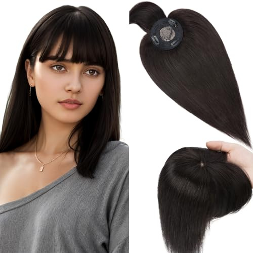 Elailite Hair Topper Echthaar, Toupet Damen mit langem Pony, Clip in Haarteil, Haartopper Basis 10x10cm (keine Zeile), 40cm #1B Naturschwarz