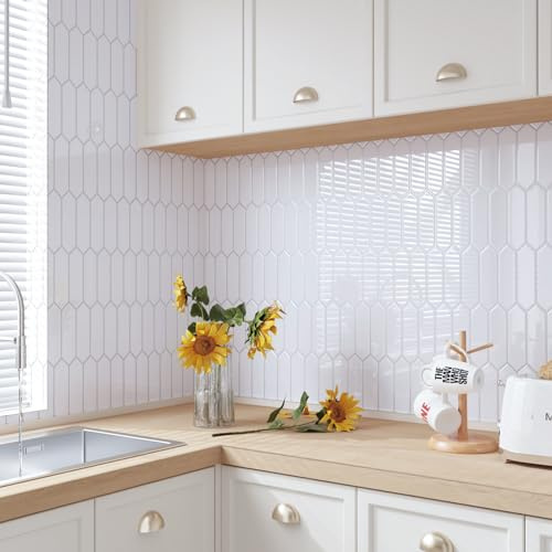 CRE8TIVE Carrelage Adhesif Mural Blanc Hexagone Long 4 Pièces Credence Adhesive pour Cuisine Effet 3D Crédence Cuisine Carreaux Adhesif Salle de Bain Buanderie Cheminee 30.5 x 30.5cm
