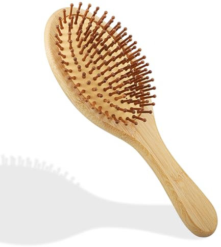 Spazzola per capelli in bambù in legno con perni naturali, Pettine per massaggi in legno, Spazzola per capelli antistatica e anticrespo Adatto per uomo donna (Rotonda)