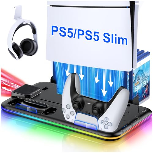 CoguyTech Standfuß für PS5/ PS5 Slim mit Lüfter und Controller Ladestation, Kühler Ständer RGB Licht für PlayStation 5 Halterung mit USB Ports/Headset Halter/Aufbewahrung für PS5 Zubehör, Schwarz