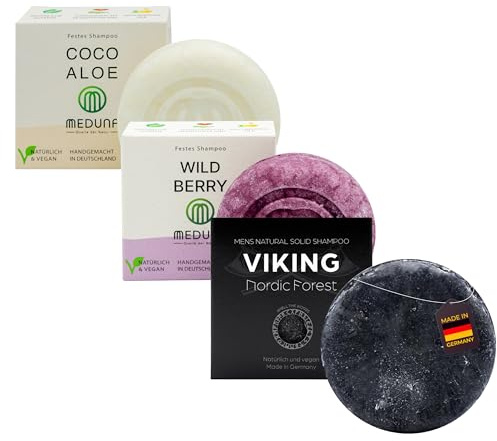 MEDUNA festes Haar Shampoo Bundle 3-teilig - Solid Shampoo VIKING, COCO ALOE, WILD BERRY 225 g - Haarseife mit Bio-Kokosöl & Shea Butter - Naturkosmetik - silikonfreies Shampoo für alle Haartypen