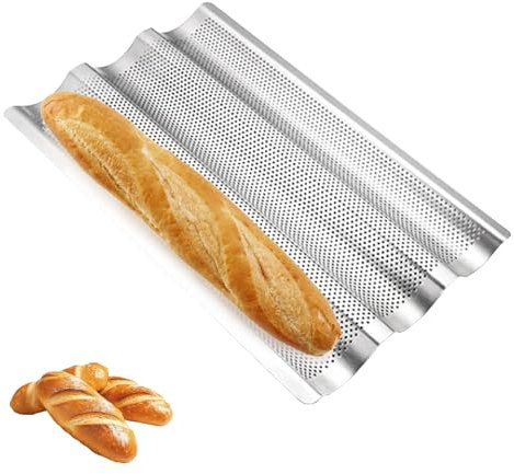 Eidoct Bandeja para hornear baguette, pan francés, acero al carbono, bandeja para hornear baguette, 3 revestimientos antiadherentes, horno perforado para hornear pan (plateado)