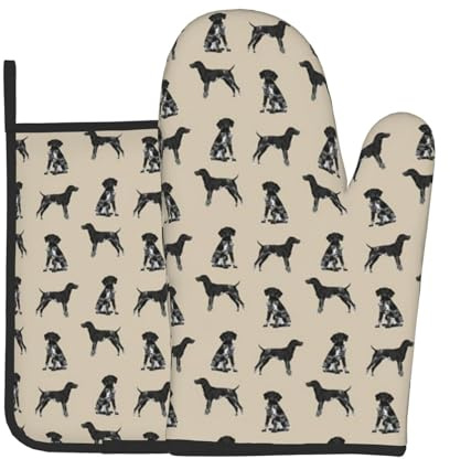Schwarz-weißer Kurzhaar-Pointer, Küchenofenhandschuhe und Grillhandschuhe, Topflappen, Ofenhandschuhe und Topflappen mit Kochhandschuhen zum Backen, Grillen, Kochen