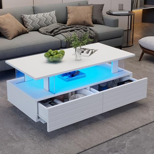 Merax Couchtisch Hochglanz mit LED Beleuchtung, Moderner Wohnzimmertisch mit 2 Schubladen & offenen Fächern, 2-stufiger Kaffeetisch, Sofatisch Beistelltisch, Rechteckiger Mitteltisch für Büro, Weiß