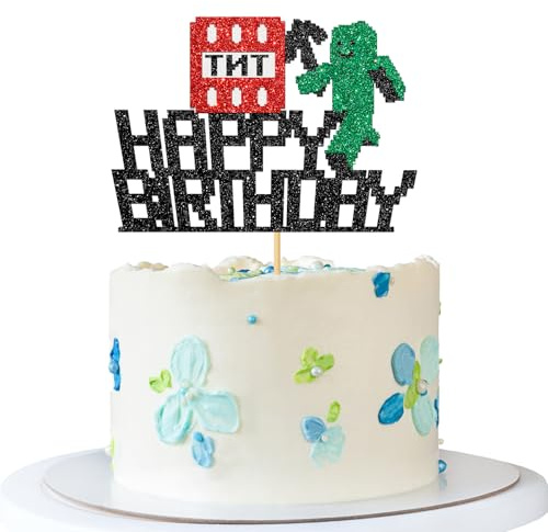 Pixel-Stil Happy Birthday Tortenaufsatz – Junge Mädchen Kind Pixel Miner Geburtstag Kuchen Supplies – Block-Videospiel – Spiel TNT Party Dekoration – Schwarzer Glitzer