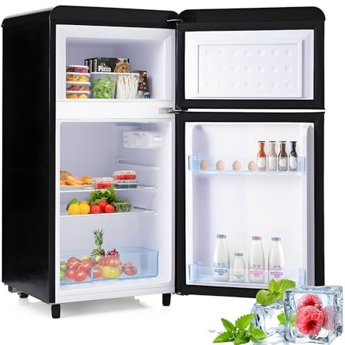 Frigorífico retro de dos puertas, superior e inferior, 72 litros de volumen total y 21 litros de congelador, 120 kWh/año, luz LED, clase energética E,Black