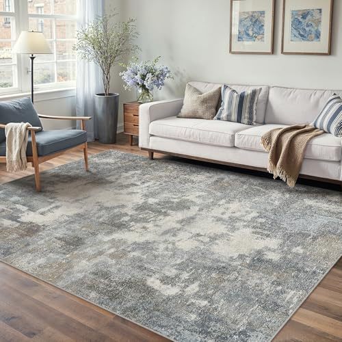 PureCozy Abstraktes Teppich Wohnzimmer 160x230cm rutschfest Kurzflor Kunstwolle Schlafzimmer Teppich Waschbar Minimalistisch Bettvorleger Teppiche Blau-Grau für Wohnzimmer Schlafzimmer Bereich Dekor