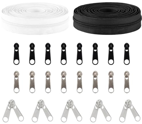 Amykite Endlosreißverschluss 4mm 10m #3 Nylon Spiralreißverschlüsse, 21 Reißverschlusszüge für Schneidertaschen, schwarz-weiße Reißverschlüsse (je 4,5 m, 16 Reißverschlussköpfe 5 Doppelschieber)