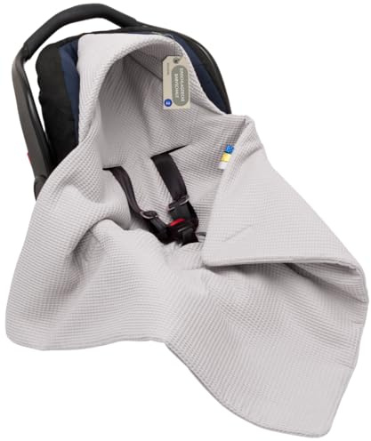 Solvera_Ltd Einschlagdecke Babyschale Kinderwagen Baumwolle Hellgrau | Waffelpiqué mit Windschutz und Klettverschluss, fuer Autositz Buggy, 3-5 Punkt-Gurt, atmungsaktiv, 0-4 Monate, Oeko-Tex