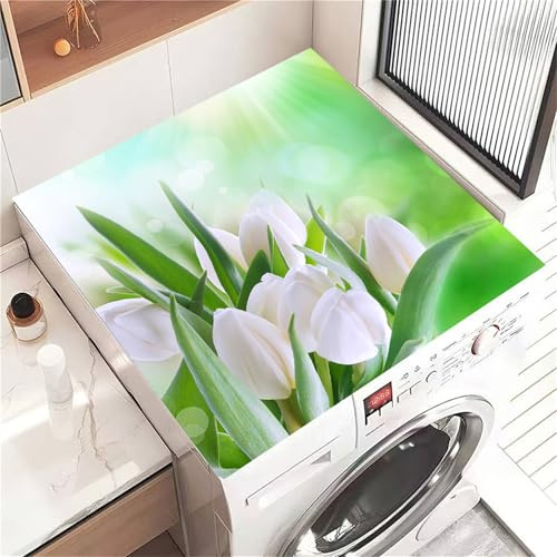 Highdi Housse de Protection pour Machine à Laver Top, Tulipes Pastorales Coussin de Machine à Laver Antidérapant, Tapis de Protection pour Dessus Sèche-Linge Séchage Rapide (Vert,30x40cm)