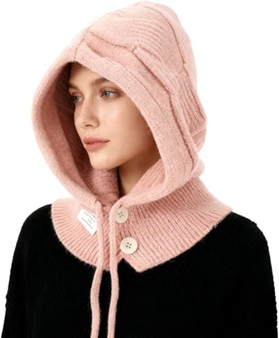 AYPOW Femme Bonnets et Écharpes Tricotés d'hiver,2 en 1 Chaude Coupe-Vent Réglable Cagoule avec Écharpe à Capuche,élastiques Chapeaux Masque en Laine pour Sports de Plein Air Courses Quotidiennes