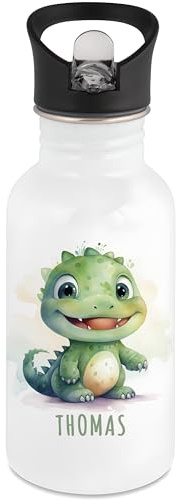 DEL MÀ Unique & Personal Edelstahl Trinkflasche Kinder personalisiert mit Namen Dino Flasche mit Strohhalm Wasserflasche für Schule Kindergarten 500 ml