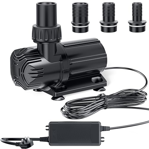 POPOSOAP Bomba de estanque de 4600 L/h CC, bomba de agua silenciosa segura de 24 V de bajo voltaje con convertidor CA/CC, 4 adaptadores de manguera para estanques de jardín, acuarios, fuentes