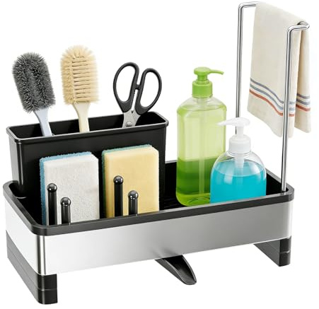 MFUSUL Küchen Spülbecken Organizer – Schwammhalter mit automatischer Abflussfunktion, –Multifunktionaler Küchenspülen Organizer(Schwarz), Spülbecken Organizer Schwarz