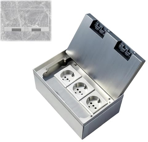 Bodeneinbau Steckdosenkasten 16A AC 250V Edelstahl Bodensteckdose Set | Wasserdichte Bodenkasten-Kit Versenkbar, Einbausteckdose mit 3 EU-Stecker, Elektrische Bodendose für Küche Wohnzimmer