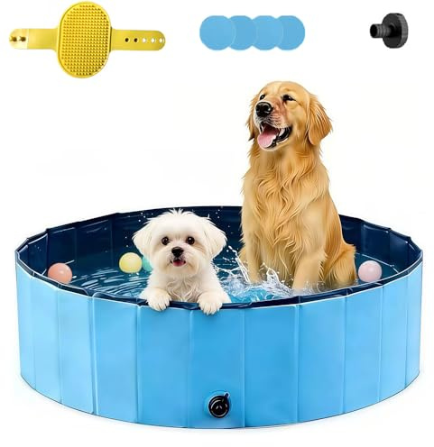 Hundepool 120x30 Faltbar, Hundeplanschbecken, Keine Pumpe benötigt, aus kratzfestem PVC-Material, Anti-Rutsch-Belag & schnelle Entleerung, Hundebadewanne mit Badebürste Ablassventil PVC-Aufnäher x 4