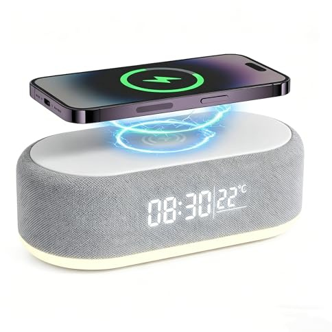 Nimbust Réveil Chargeur Induction 3 en 1, Horloge Numérique LED, Chargeur Induction iPhone & Android,Simulateur d’Aube, Réveil Connecté avec Lumière, Double Alarme, USB, Design Moderne