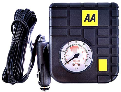 AA Car Essentials 12V Compact Tyre Inflator AA5007 – For Cars Vans Motorbikes Vehicles Inflatables Bicycles - PSI BAR KPA 0-80 PSI – Includes Adaptors, Black
